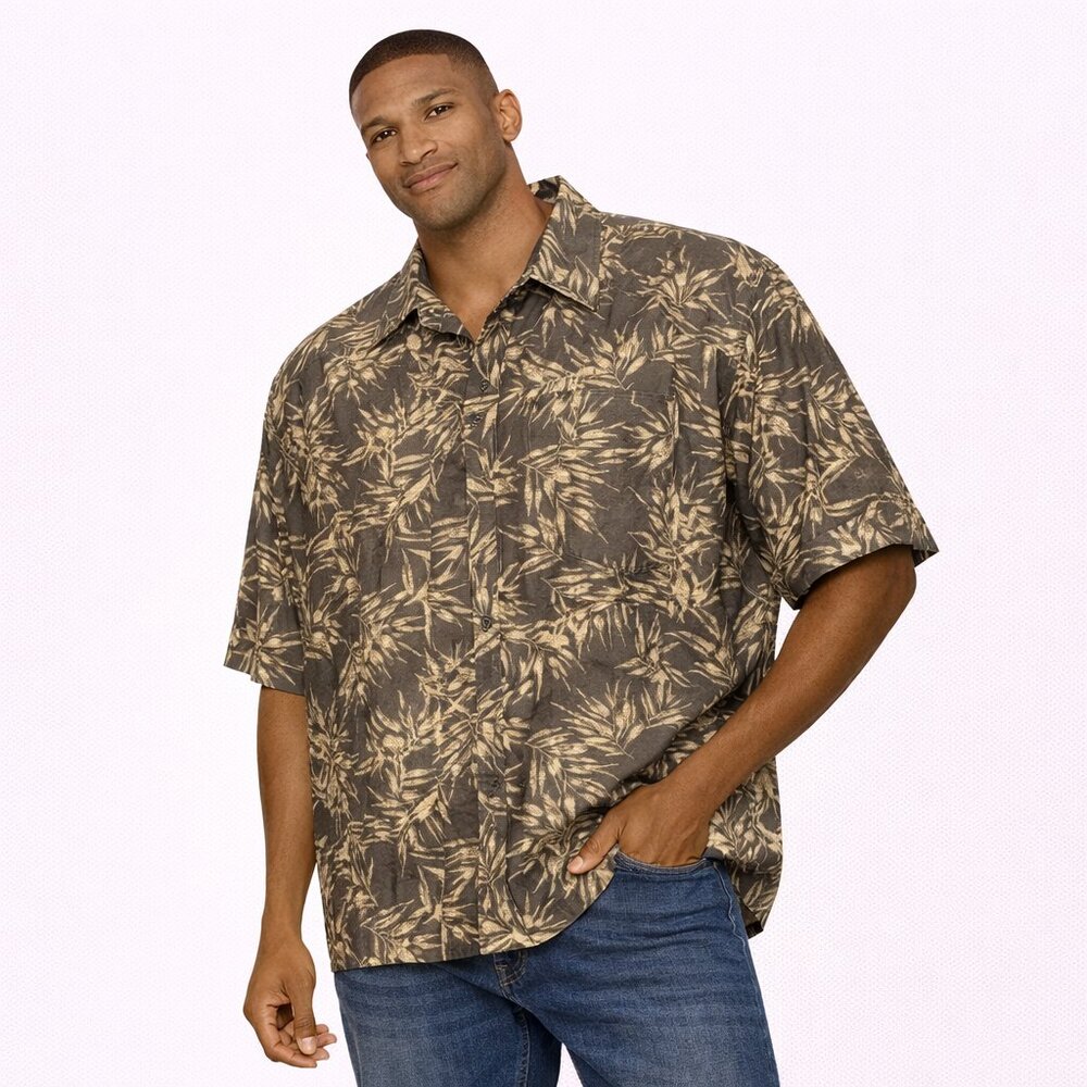 Natura Issue shirt bottom down short sleeves olive green& cream Size:XXL
